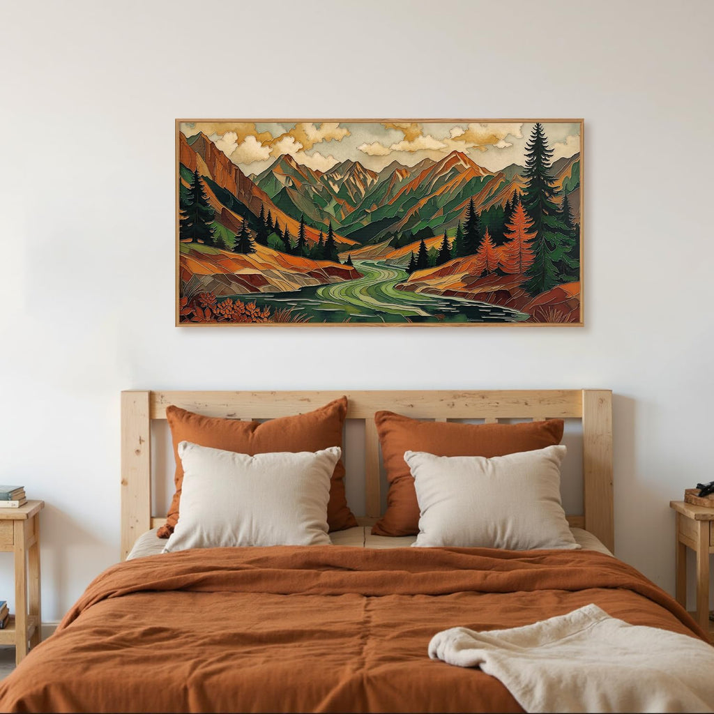 Abstract Boho Mountain Framed Canvas Wall Art Set,Vibrant Forest Pine Tree Wall Decor,Textured Landscape Artwork