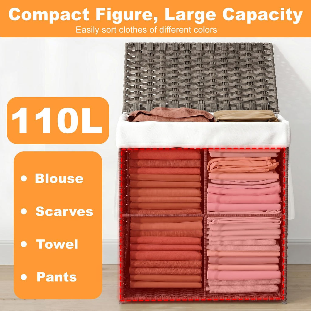 Handwoven Laundry Hamper with Lid, 110L Foldable Rattan Clothes Basket with 2 Removable Liners & 6 Mesh Laundry Bags