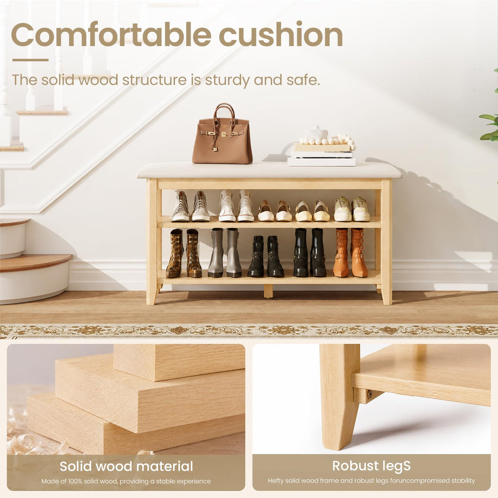 Solid Wood Shoe Rack Bench Entryway with Leather Cushion 39.3"