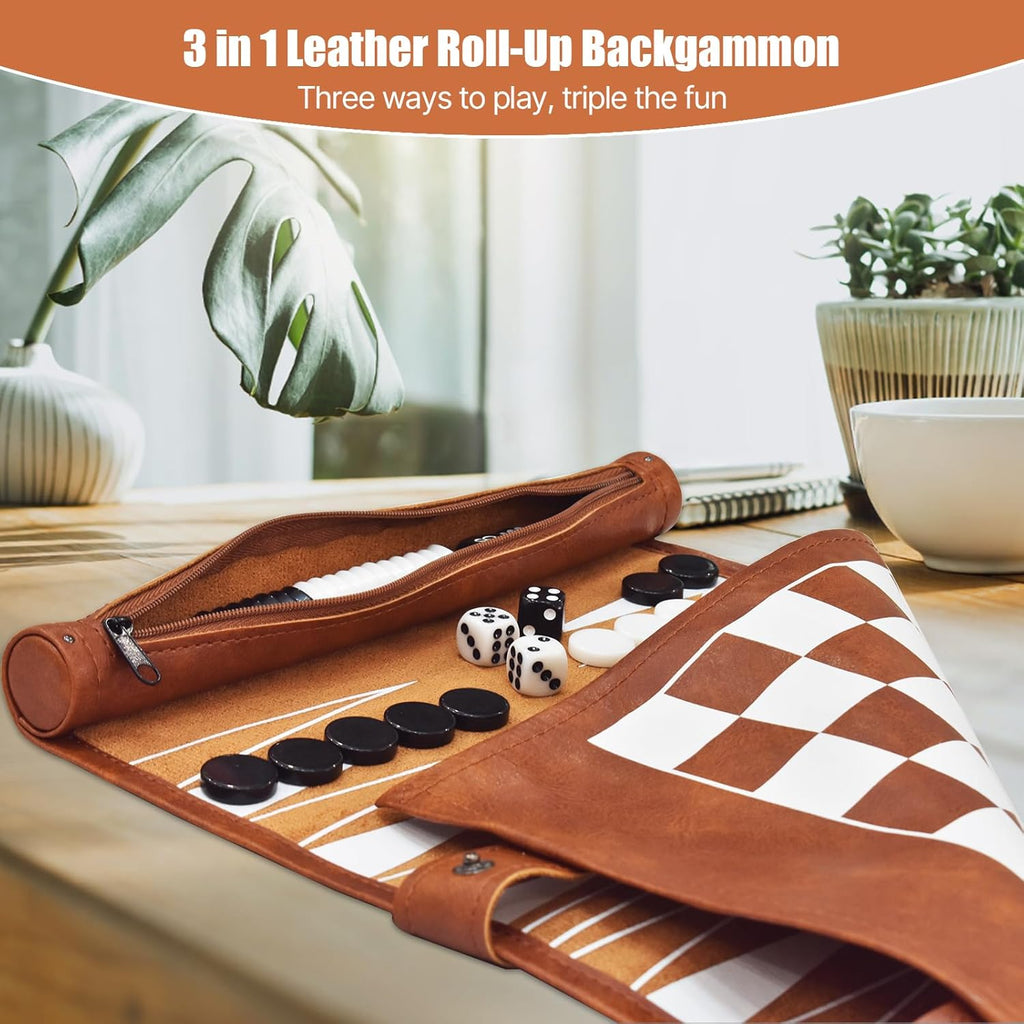 Chess, Checkers, and Backgammon Set 3 in 1 - Roll-up Leather Board Games, Portable and Lightweight with Drawstring