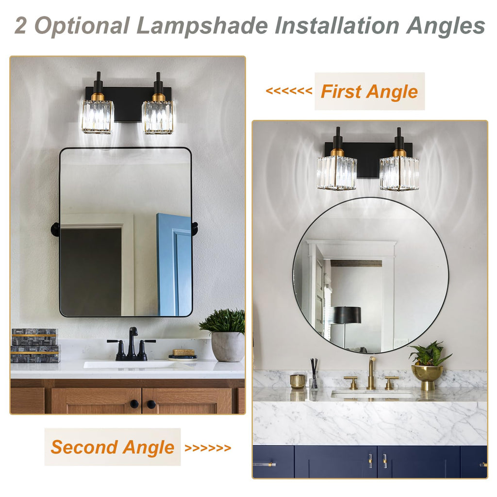 Modern Crystal Bathroom Vanity Light 2-Lights Black and Gold Bathroom Light Fixtures Over Mirror Bath Wall Sconce