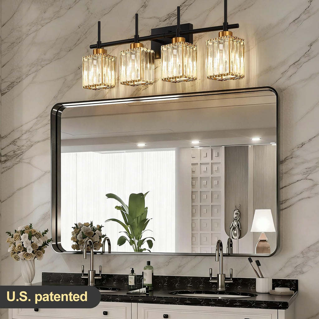 Modern Crystal Bathroom Vanity Light 4-Lights Gold Bathroom Light Fixtures Over Mirror Black and Gold Vanity Lighting
