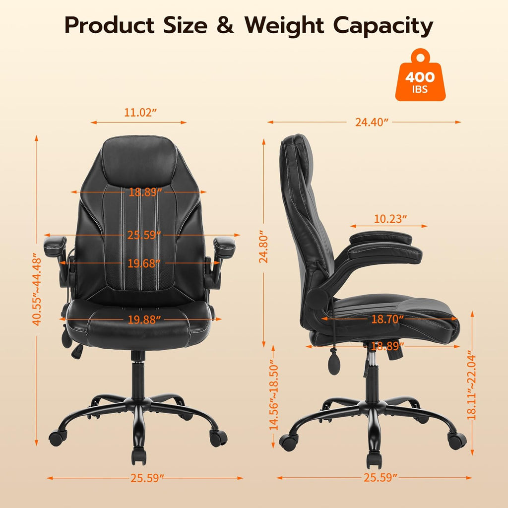Office Desk Chair, Ergonomic Computer Chair with Padded Flip-Up Arms and Adjustable Lumbar Support, PU Leather