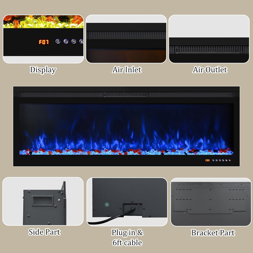 50 Inch Smart Electric Fireplace Insert with Heater, Recessed or Wall Mounted, Remote and App Control, 9H Timer