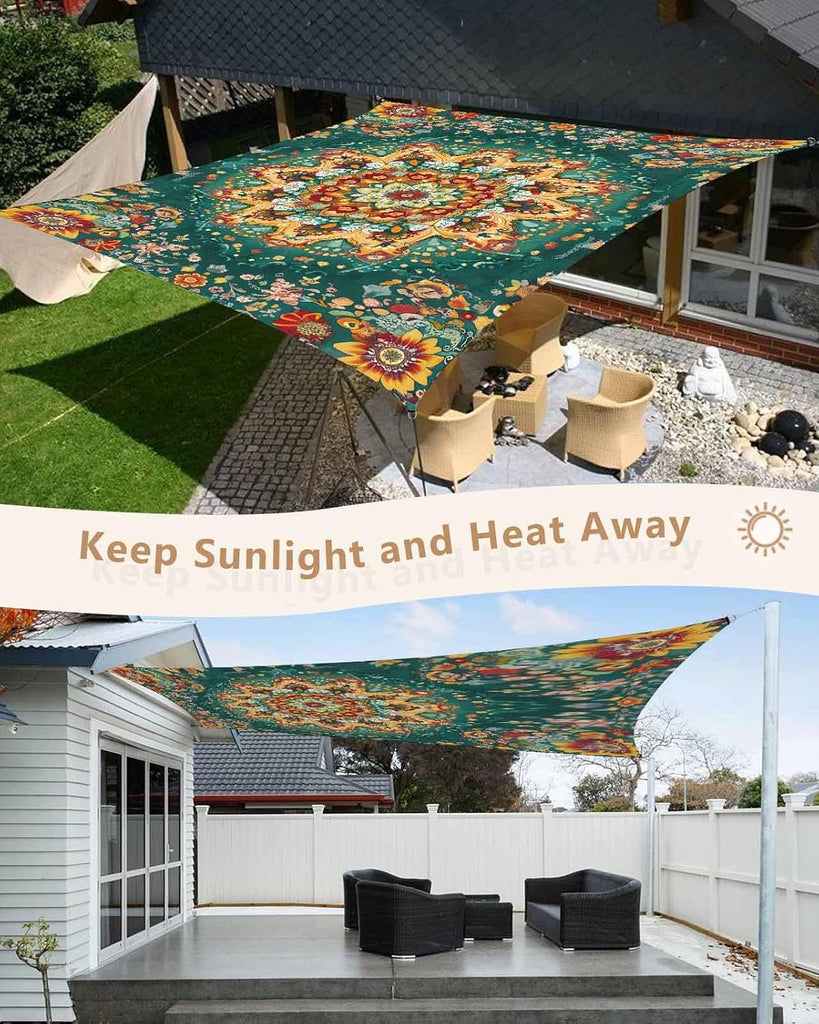 Boho Flower Sun Sail Shades Rectangle Canopy,Sunlight Block Heavy Duty Curved Backyard Shade Cover,Yellow Green