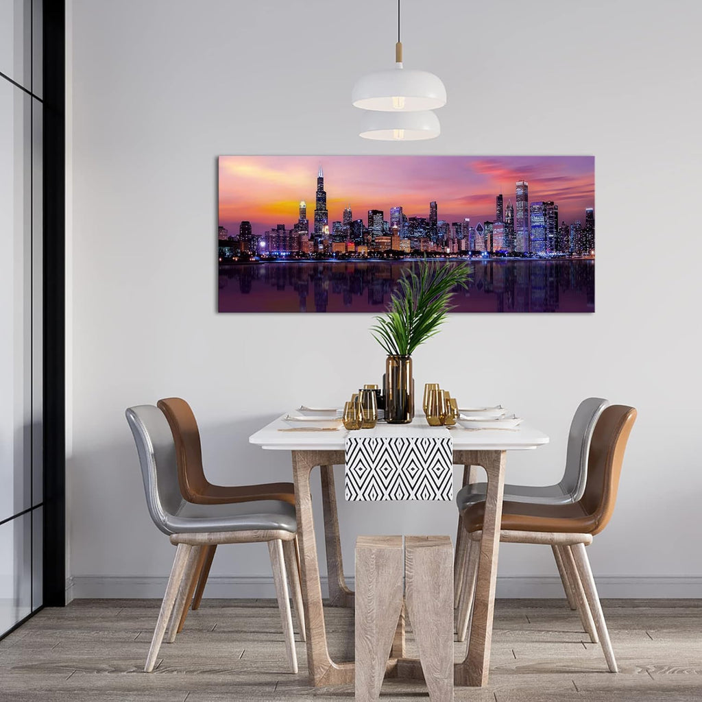 Large Chicago Canvas Modern City Skyline Wall Art Downtown Night Picture Prints Ready To Hang 20"X48"