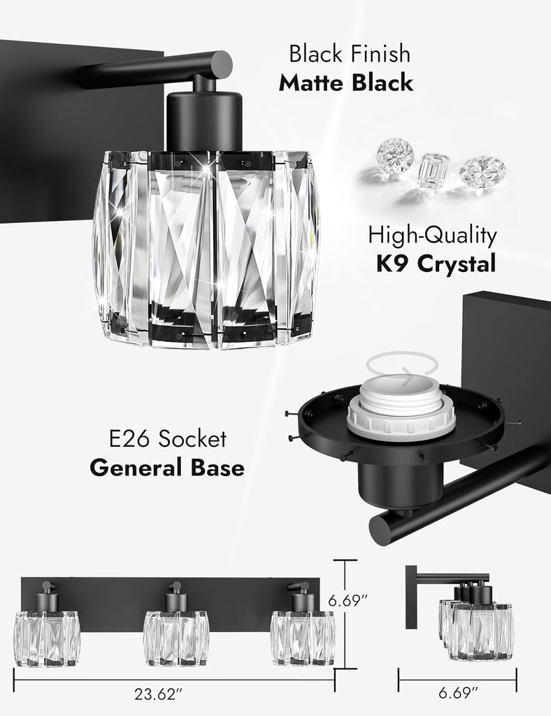 Crystal Vanity Lights s, 3 Light Bathroom Vanity Light, Modern Matte Black Bathroom Light Over Mirror, Black