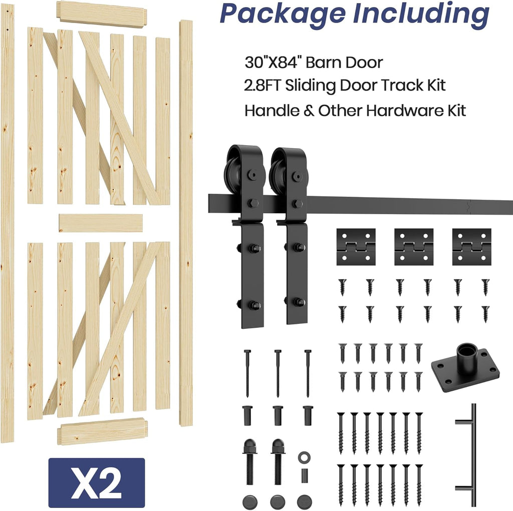 30in x 84in Bifold Barn Door with Hardware Kit, Unfinished Solid Pine Wood Folding Closet Door for B