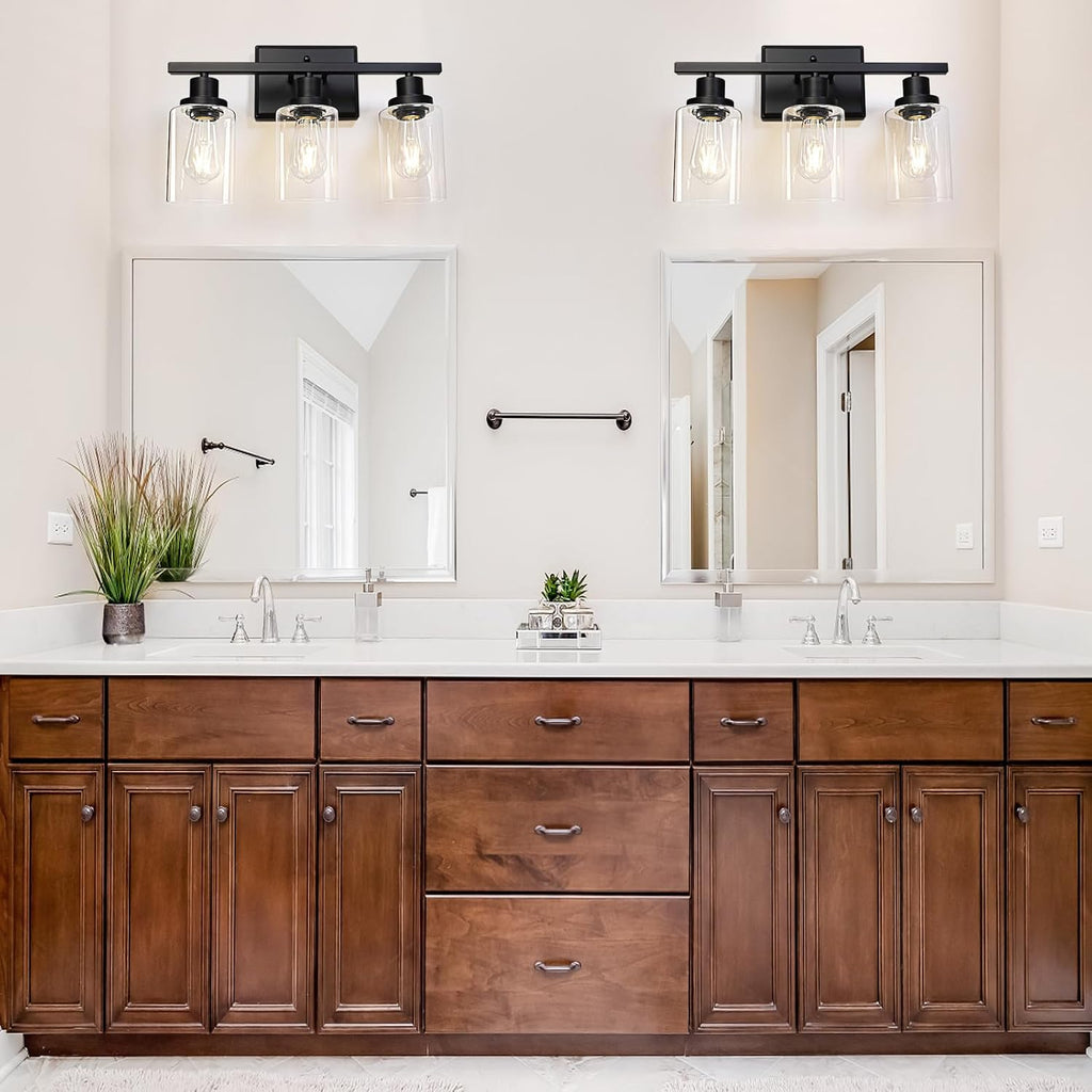 Bathroom Vanity Light Fixtures, 3 Light Wall Sconces Lighting with Clear Glass Shade, Black Wall Lights for Mirror