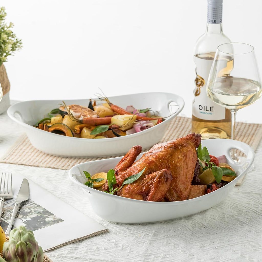 Large Serving Bowl with Handles, Oval Serving Platter Set of 2 | Thanksgiving Serving Dishes for Entertaining