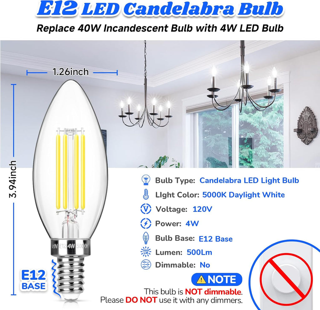 E12 Candelabra LED Light Bulb, Chandelier Light Bulbs Daylight White 5000K, B11 Clear LED Filament Candle Bulbs