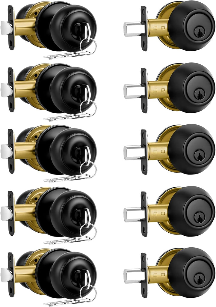 5 Pack Front Door Lock Set Matte Black,Exterior Door Lock Set with Deadbolt,Single Cylinder Deadbolt Lock and Door - Door Knob