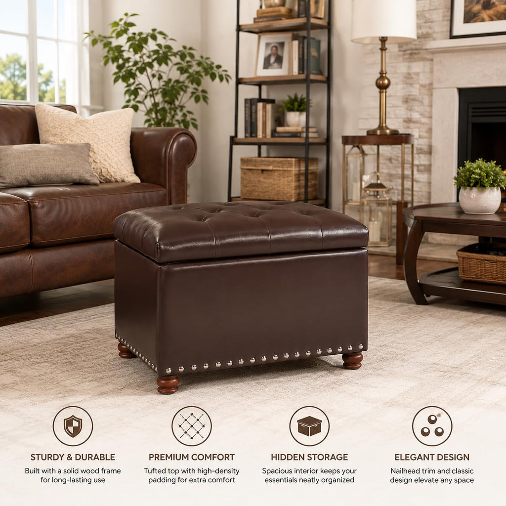 Leather Ottoman with Storage Small Foot Stool with Hinged Lid