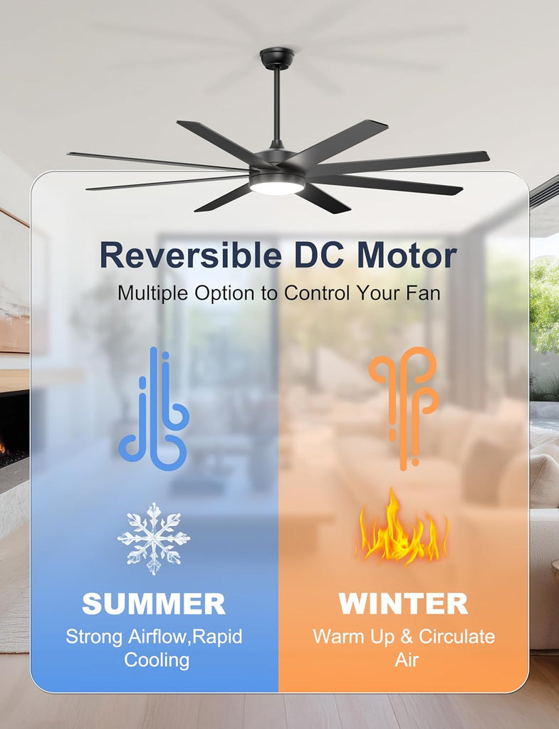 72'' Large Ceiling Fans with Lights, Modern Black Ceiling Fan Remote/APP Control, Dimmable