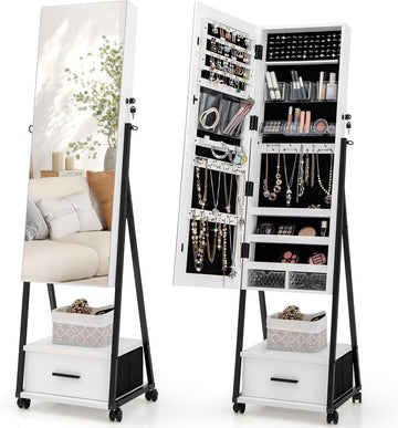 Rolling Jewelry Armoire Cabinet, Full Length Mirror with Storage, Floor Standing Lockable Jewelry Cabinet