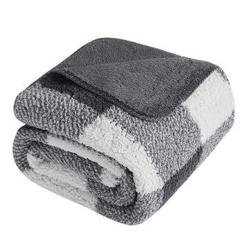Checkered Sherpa Fleece Throw Blanket for Couch & Bed, Grey 50x60