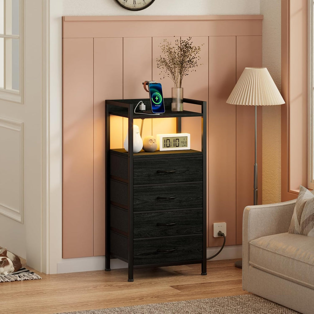 Night Stand with Charging Station, Black Nightstand with Drawers and Led Light, Tall Dresser , Bedside Table with