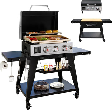 3-Burner Portable Propane Gas Griddle with Lid, 28,000 BTU Flat Top Grill, 504 Sq. In. Cooking Area, Folding Side Tables and Rolling Cart for Outdoor BBQ and Camping
