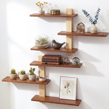 2 Pack Floating Wall Shelf Mid Century Decor, Natural Wood, 3 Tier