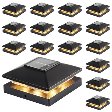 Solar Post Cap Lights Outdoor 16-Pack, Black Waterproof Solar Powered Deck Fence Lights Fit 4x4 Wood/Vinyl Posts