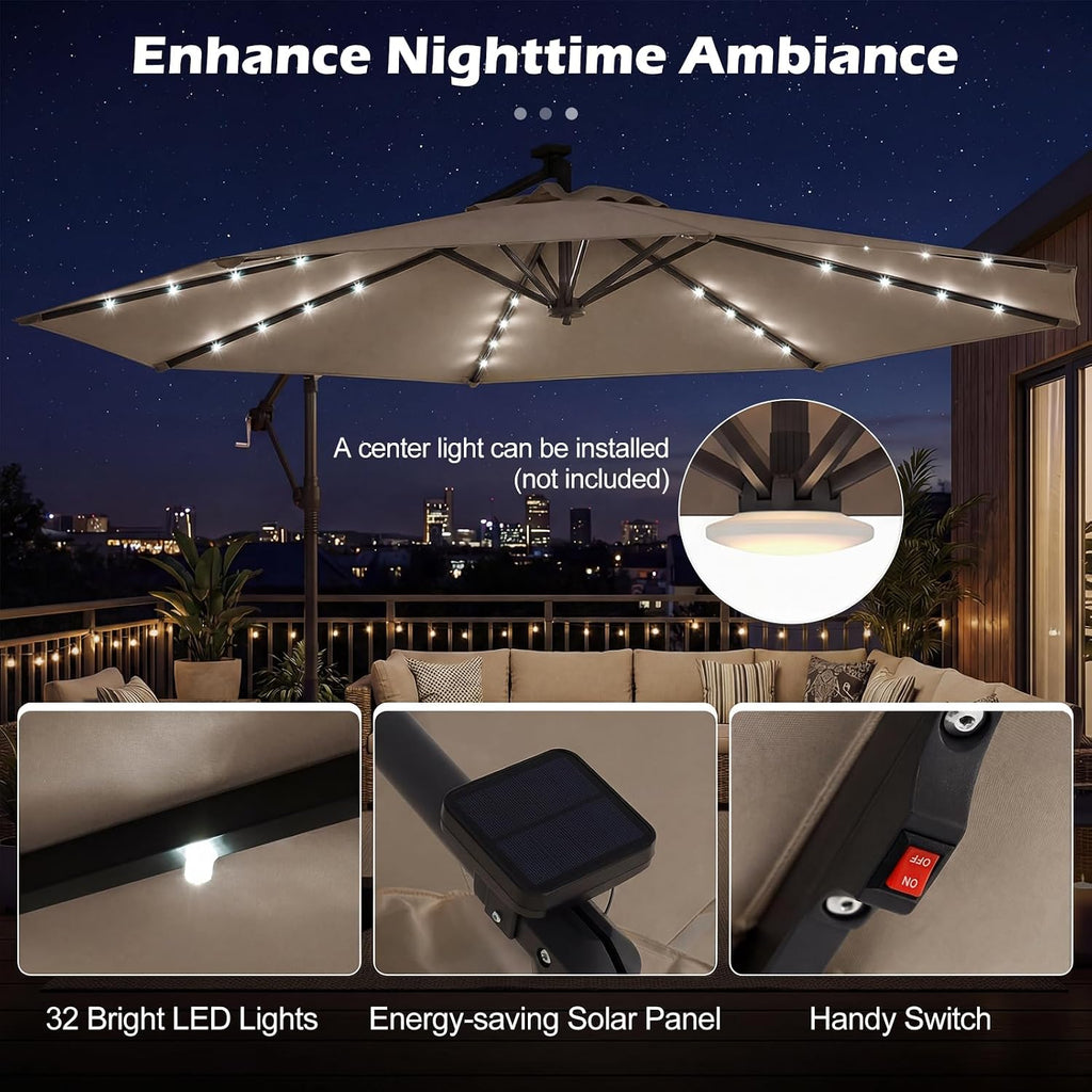 10ft Solar Patio Umbrella with Base Included, Offset Cantilever Outdoor Umbrella with 32 LED Lights