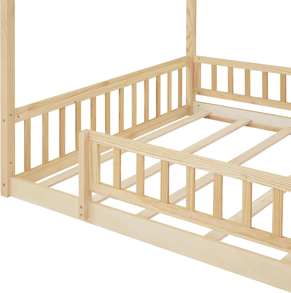 Full Size House Bed Frame, House Beds for Kids, Montessori Floor Bed with Fence, Playhouse for Kids,Full, Natural