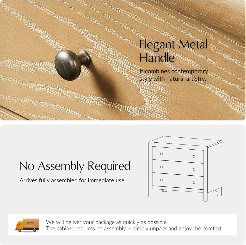 3 Drawer Nightstand with Charging Station, Modern Bedside Table with USB & Type-C Ports, Wood Storage End Table with