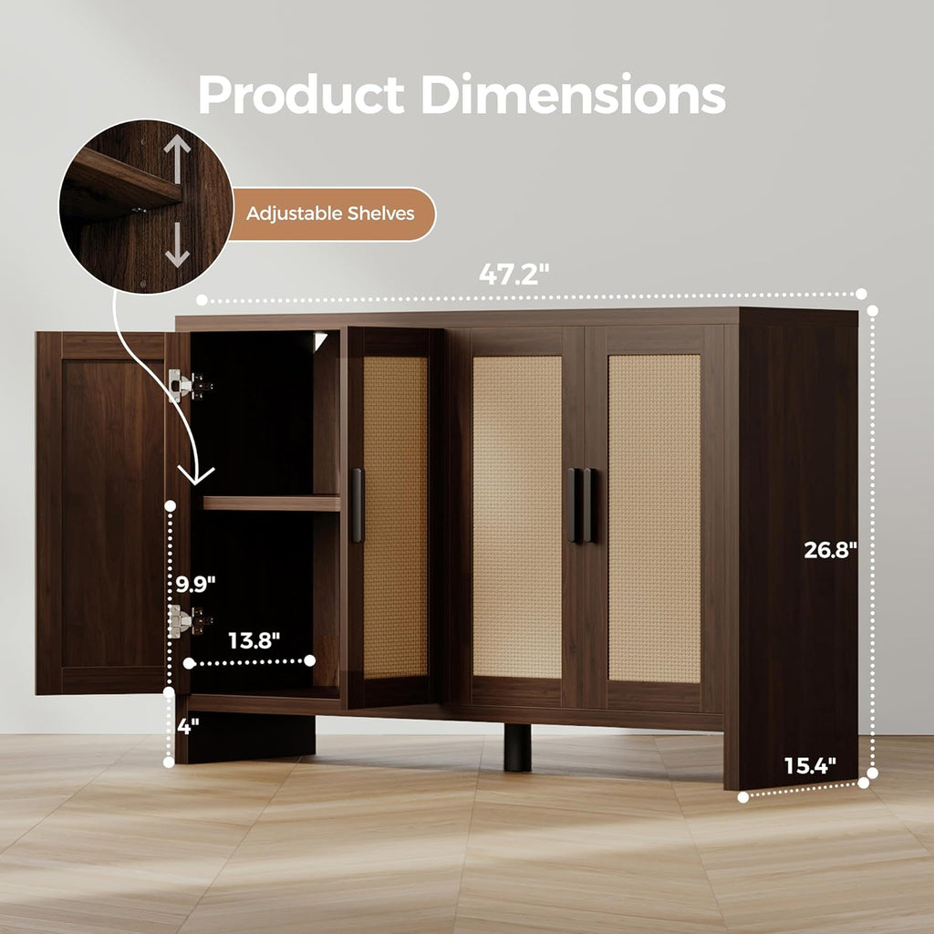 Rattan Buffet Cabinet with Storage, Sideboard Cabinet with Doors and Adjustable Shelves
