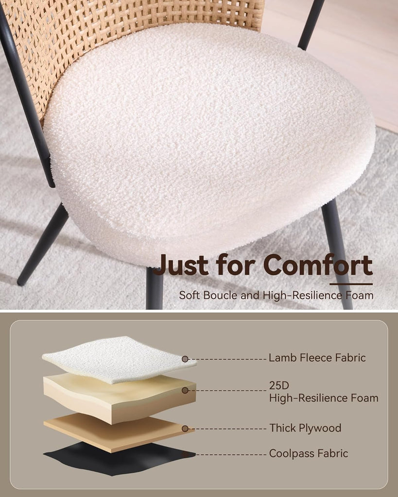 Rattan Dining Chairs Set of 2 - Farmhouse Upholstered Cane Back Kitchen Chair with Boucle Cushion
