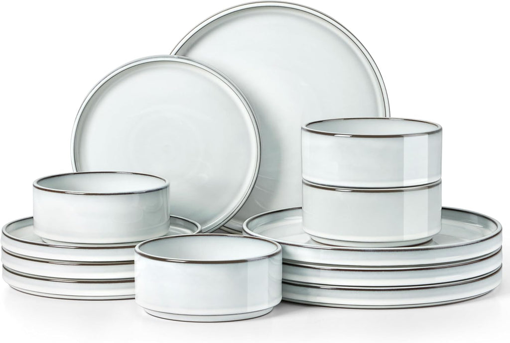 12 Pieces Stoneware Dinnerware Set for 4, Ceramic Dinner Dishware SetsPlates and Bowls with Rustic Terracotta Bottom