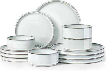 12 Pieces Stoneware Dinnerware Set for 4, Ceramic Dinner Dishware SetsPlates and Bowls with Rustic Terracotta Bottom