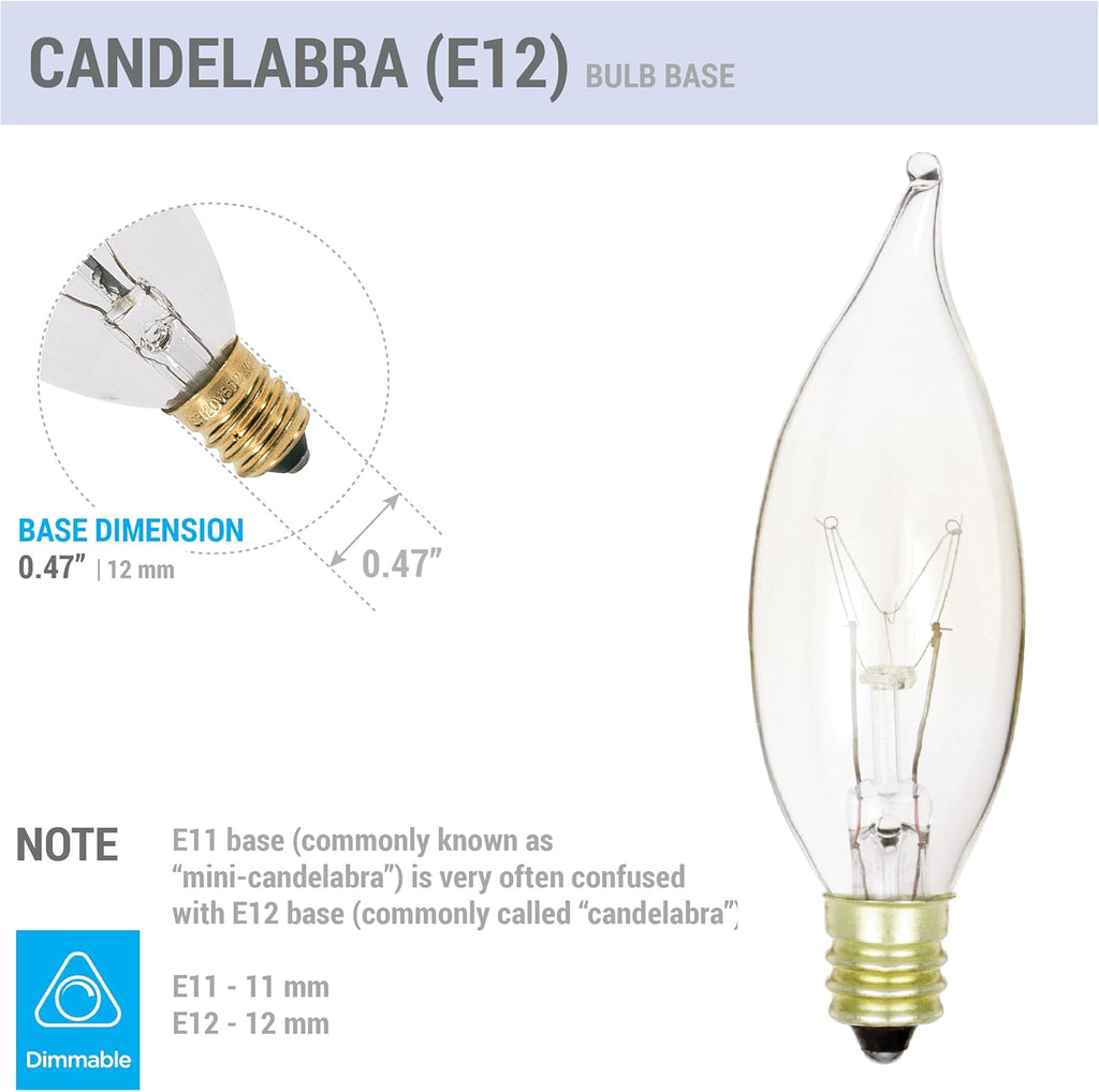 Pack of 12 25-Watt Clear Candelabra Base (E12) Flame Tip 120V Decorative Dimmable 25W Chandelier Lights Bulbs