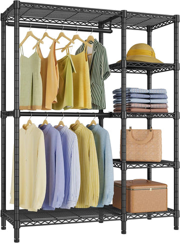 V7 Clothes Rack with Shelves Heavy duty Closet for Hanging Clothes | 5 Tiers Adjustable Wire Shelving, Double Hanging