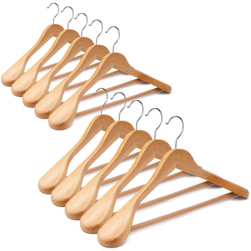 Wooden Suit Hangers 10 Pack - Heavy Duty Wide Shoulder Hangers With Non Slip Pants Holder for Men, Women, Coats