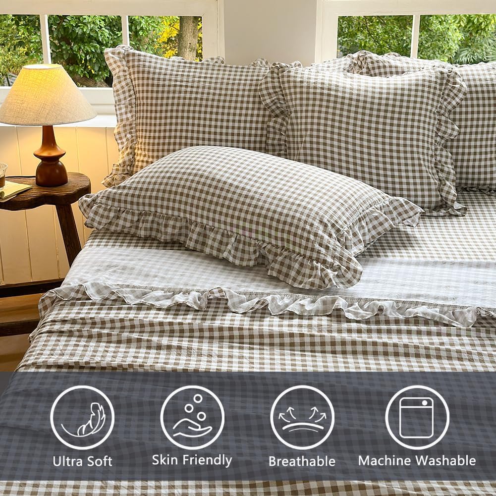 Tan Gingham Ruffle Sheet Set, Taupe Soft Pre-Washed Microfiber Plaid Bed Sheets, 4-Pieces Farmhouse Sheet