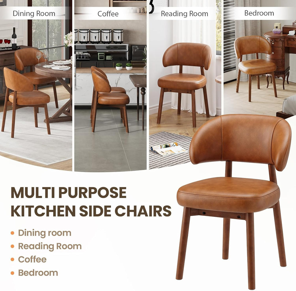 Wooden Dining Chairs Set of 2, Modern Upholstered Dining Room Chair, PU Leather Kitchen Side Chairs with Curved Open