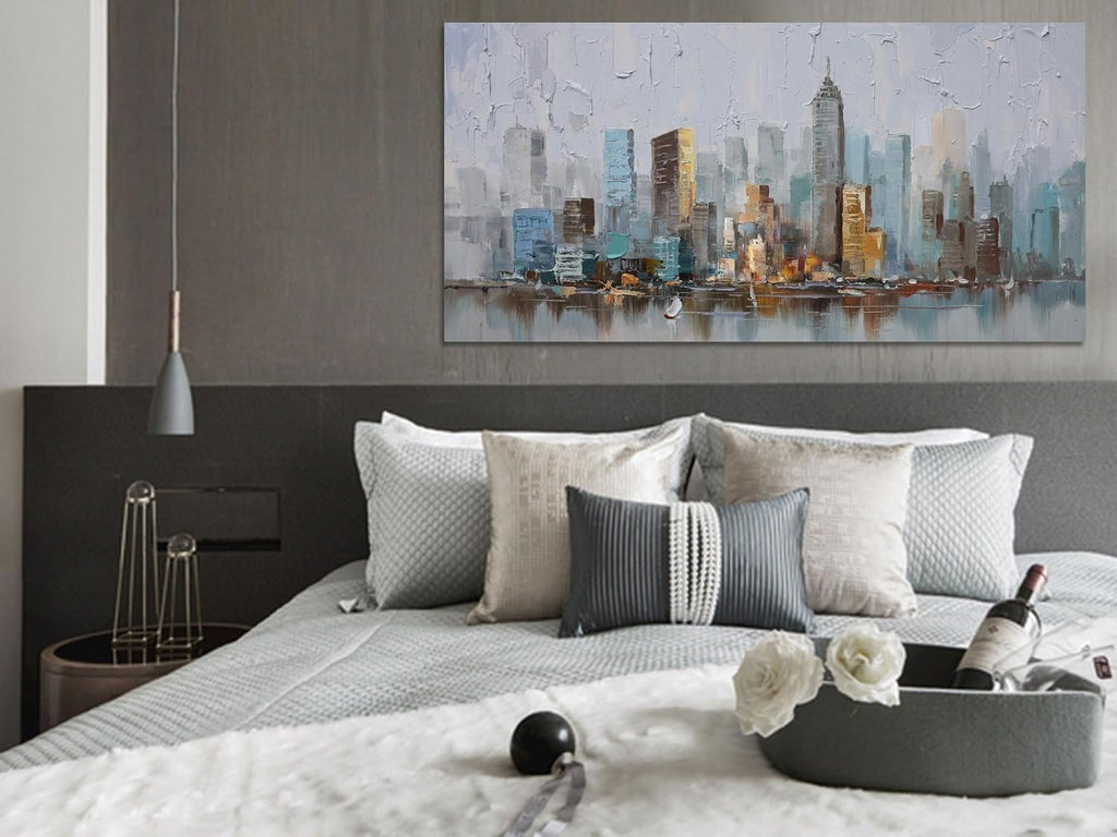 Abstract Cityscape Canvas Wall Art New York City Painting Modern Skyline Colorful NYC Grey Blue Picture
