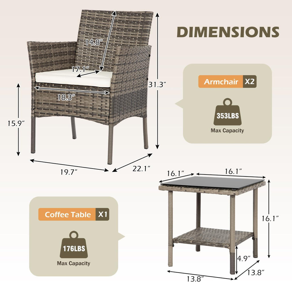 3 Piece Outdoor Furniture Set Patio Gray Wicker Chairs Furniture Bistro Conversation Set 2 Rattan Chairs with Khaki