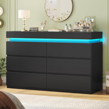 6 Drawer Dresser with LED Light,Black | Modern Chest of Drawers ,Closet Dressers with Drawers forLiving