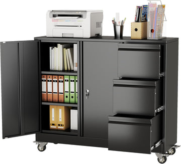 3 Drawer File Cabinet, Office Mobile Filing Cabinet, Printer Stand | All-in-One Office Storage, 3 Storage Drawers, 2