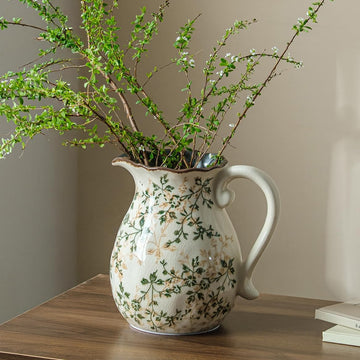 Ceramic Flower Vase | Green Rustic Farmhouse Pitcher Vase