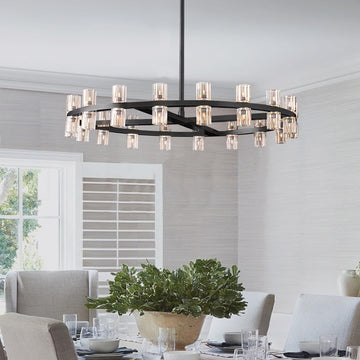 Black Wagon Wheel Chandeliers Modern 32-Lights Black Round Chandelier Glass Chandeliers for Dining Room,Living Room Vintage Chandelier for Foyer Hallway D32