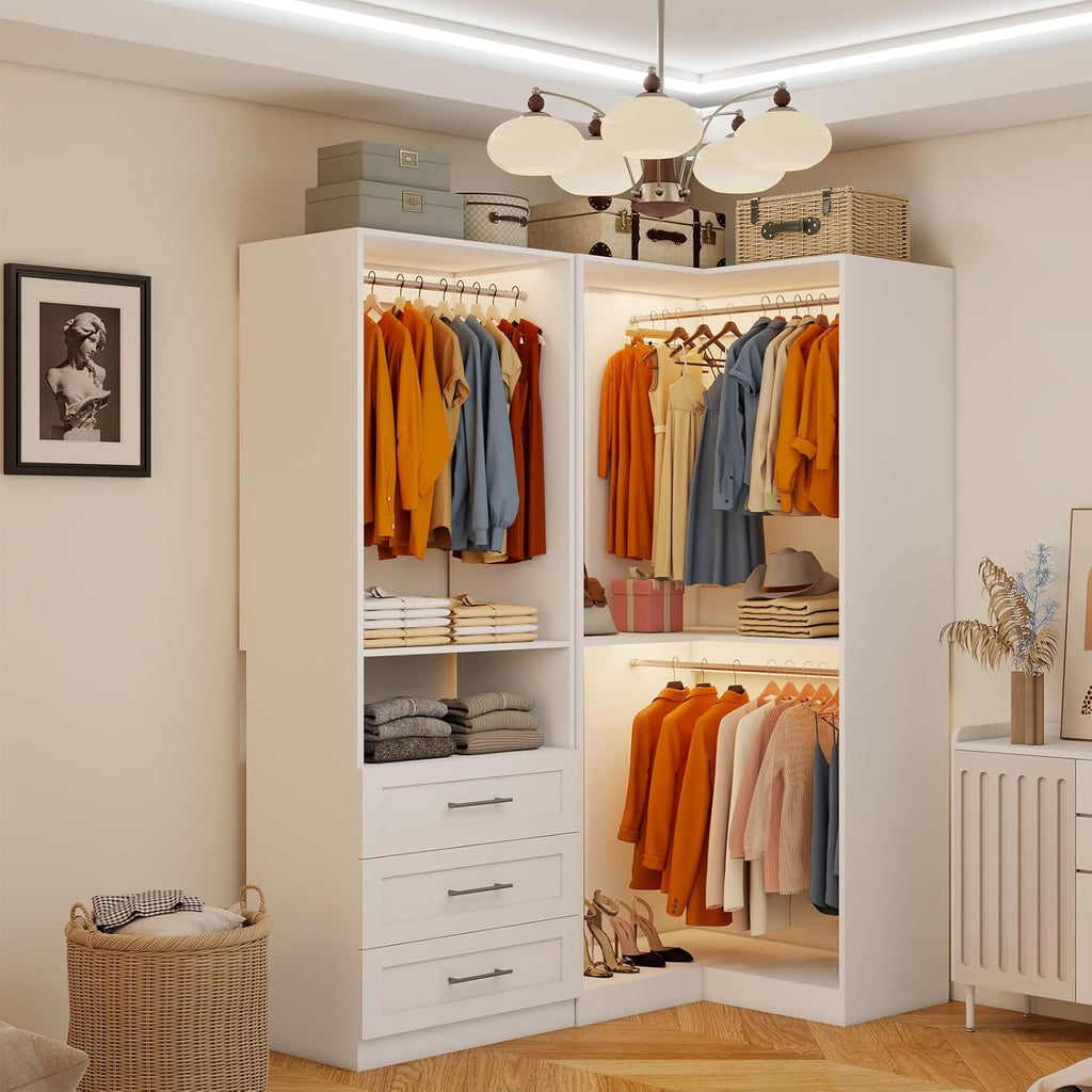 Closet System with 3 Wooden Drawers, 4.5-6FT Corner Closet Organizer System for Walk in Closet, Heavy Duty Modular