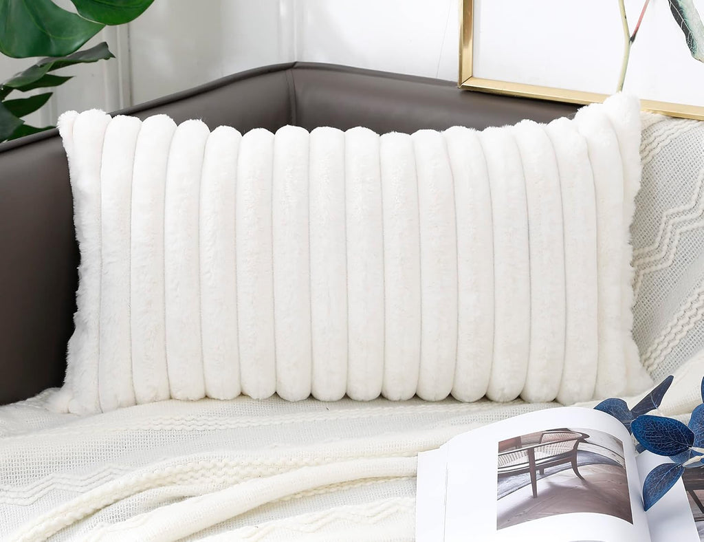Faux Fur Decorative Lumbar Throw Pillow Covers 14 x 26,Long Boho Lumbar Pillow Covers Pillow Case Cushion Case,White
