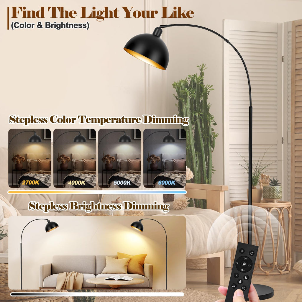 Black Arc Floor Lamps - Dimmable Arched Floor Lamp with Remote Control & 2700-6000K 9W LED Bulb Included