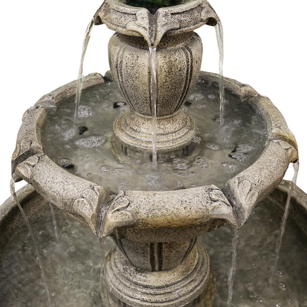 48” H Outdoor Floor Water Fountain, 3-Tiers Concrete Water Fountain with Submersible Electric Pump