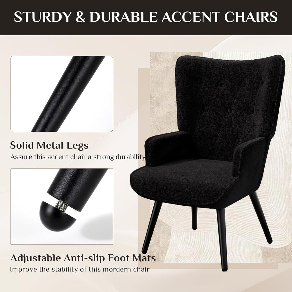 Accent Chair, Upholstered Teddy Fabric Living Room Chairs | High Back Mid Century Modern Accent Chair, Comfy Wingback