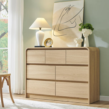 Modern 7 Drawers Dresser , 47" Wide Wood Dressers & Chests of Drawers w/Curved Profile Design, Mid Century Modern