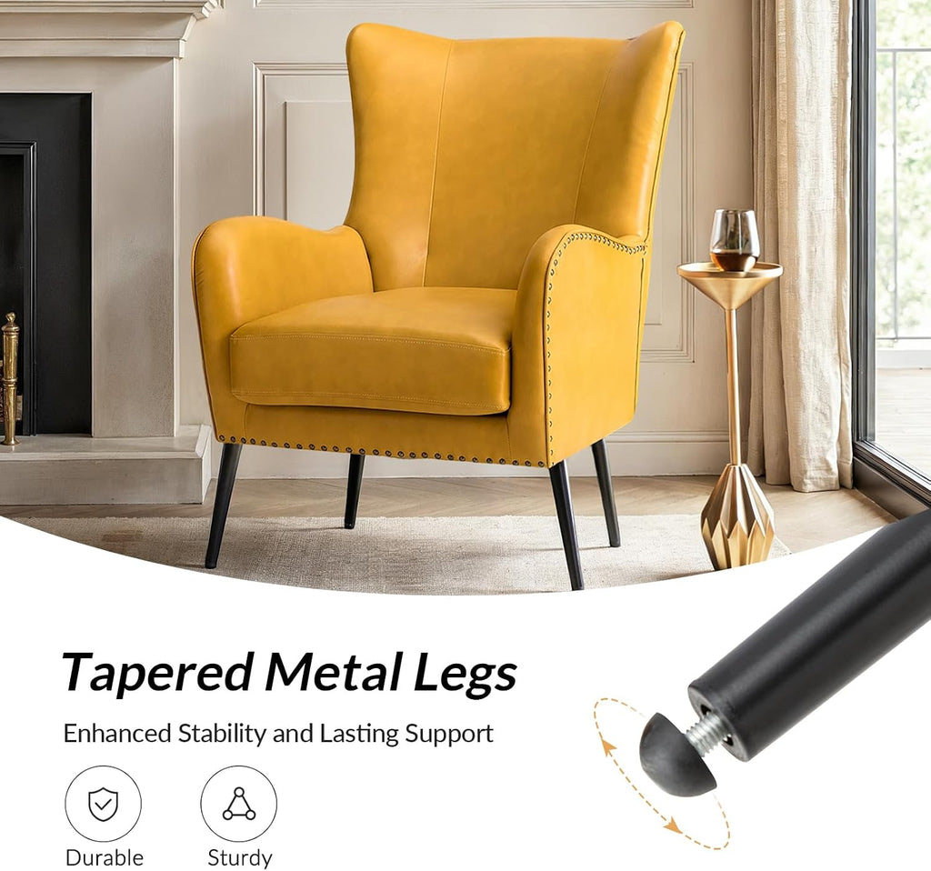 Upholstered Faux Leather Accent Chair with Black Metal Legs, Comfy Armchair with Removable Cushion & Nailhead Trim