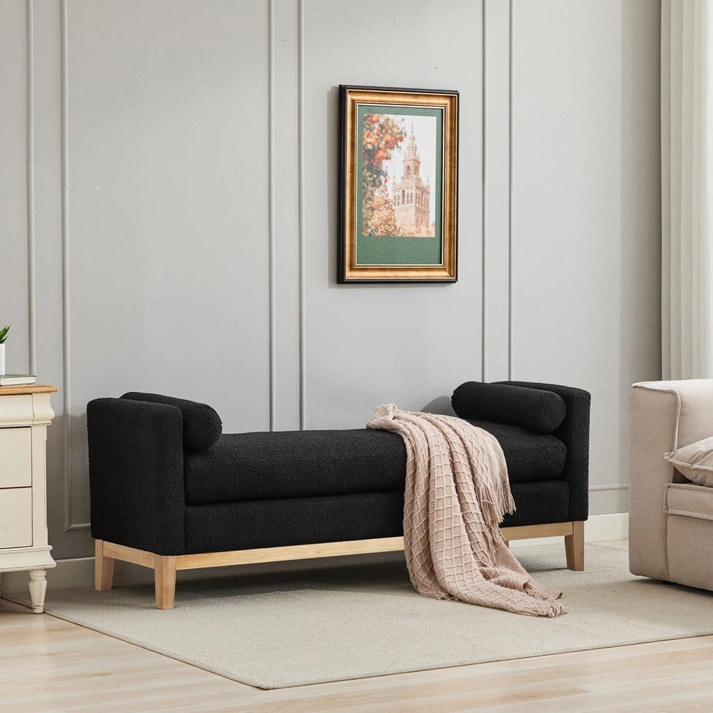 Oversize Boucle Bench Ottoman with 2 Bolster Pillows & Wood Legs, Upholstered End of Bed Daybed Seating, Foot Rest